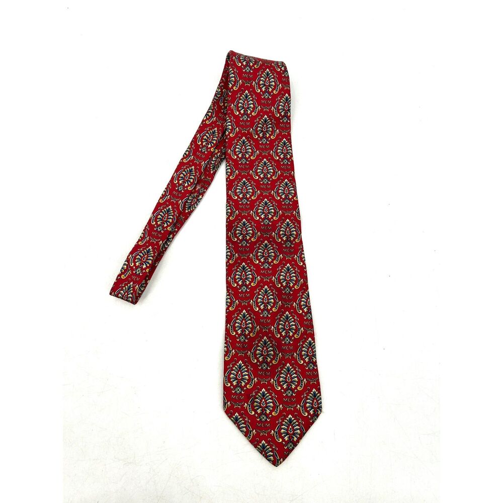 MCM *Flawed* Red Paisley Medallion Foulard 100% Silk Mens Tie Made In Italy